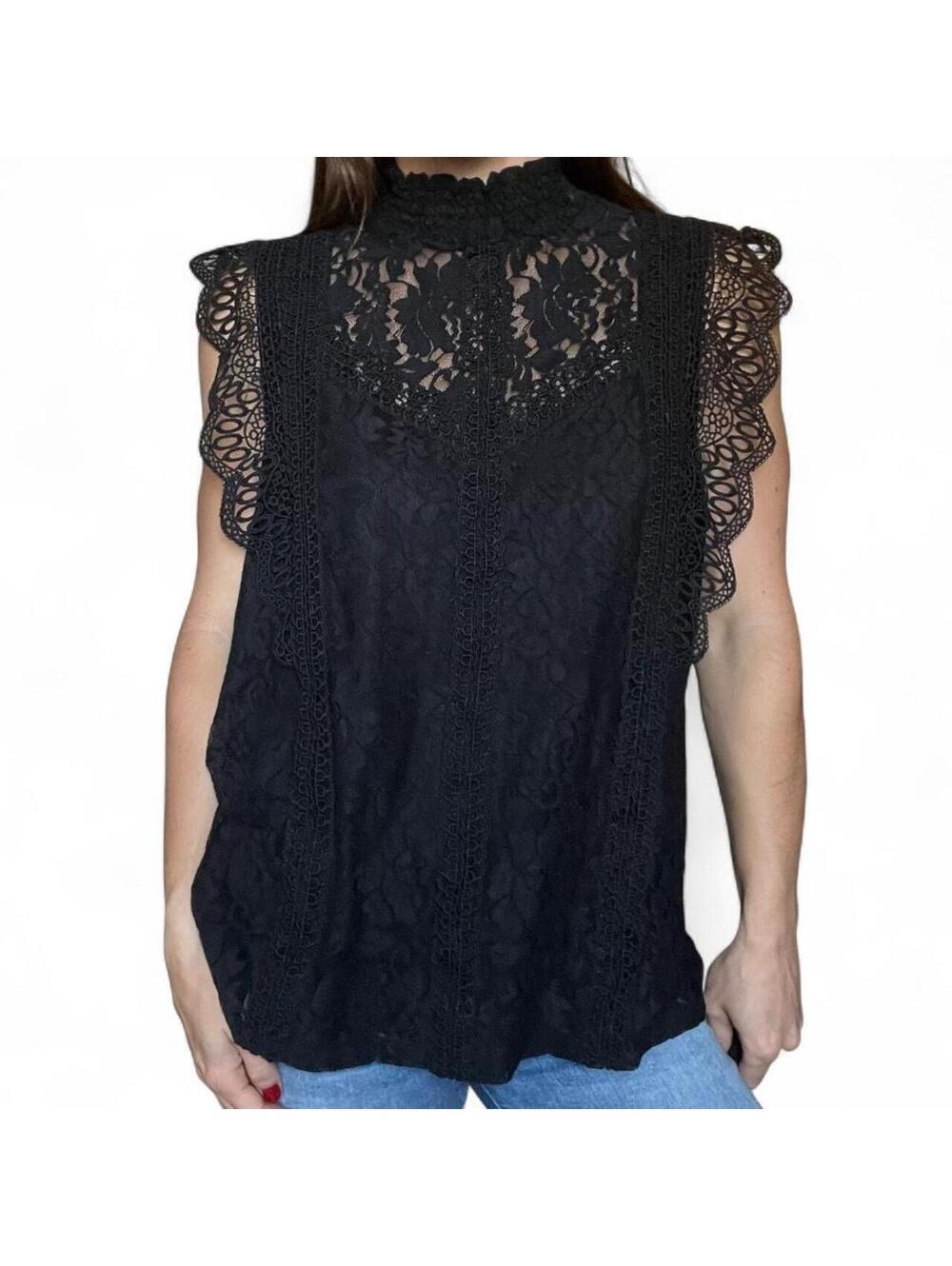 Black Lace Mock Neck Sleeveless Blouse Size Medium